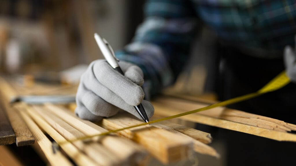 Ein Handwerker mit grauen Handschuhen markiert eine Messlinie auf einem Holzbrett mithilfe eines Kugelschreibers und eines Maßbands.
